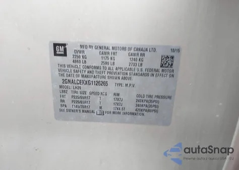 2016 Chevrolet Equinox Lt из США, поврежденный, VIN 2GNALCEKXG1126265